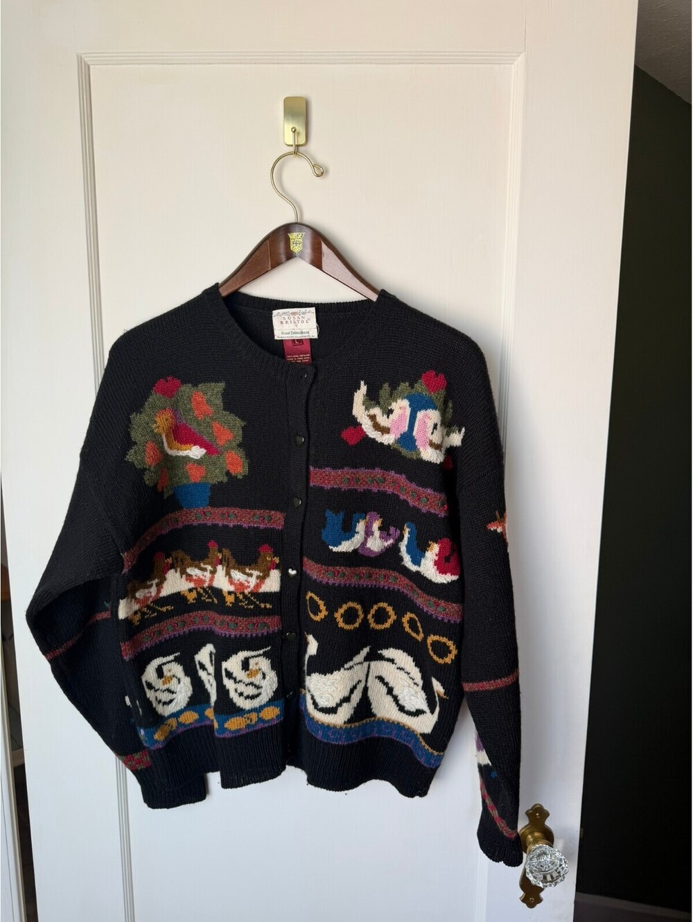 Vintage Susan Bristol 12 Days of Christmas Cardigan 100% Wool Hand Embroidered L
